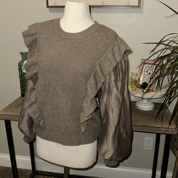 Design History Women's Organza Sleeve Sweater Top, Size Medium Brown Wool Blend - Picture 2 of 8